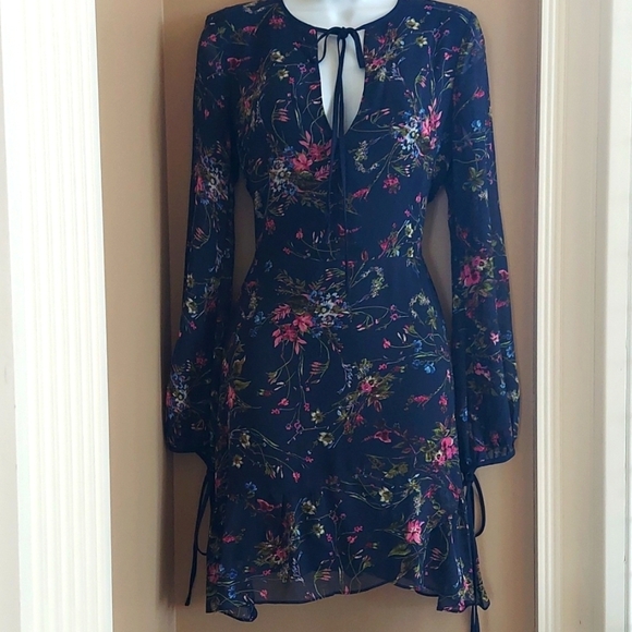 Adelyn Rae Spring floral dress sheer sleeves asymmetrical ruffle hem - sz XS - Picture 1 of 8